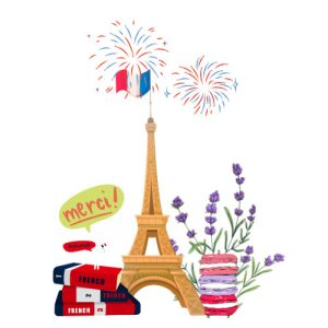 Several elements representing the French culture students learn about at FLAM San Diego French classes in San Diego—Eiffel Tower, fireworks, French books, lavender, macarons, and the word merci.