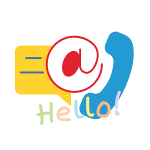 A phone, a chat box, the @ symbol, and the words hello in multiple colors, to invite users to contact us for our French Group Classes.