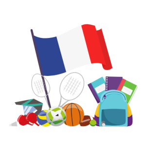 French flag, a backpack with notebooks, and several sports gear like a basketball, a soccer ball, tennis rackets, and others to represent the activities in Flam San Diego French Classes for Kids