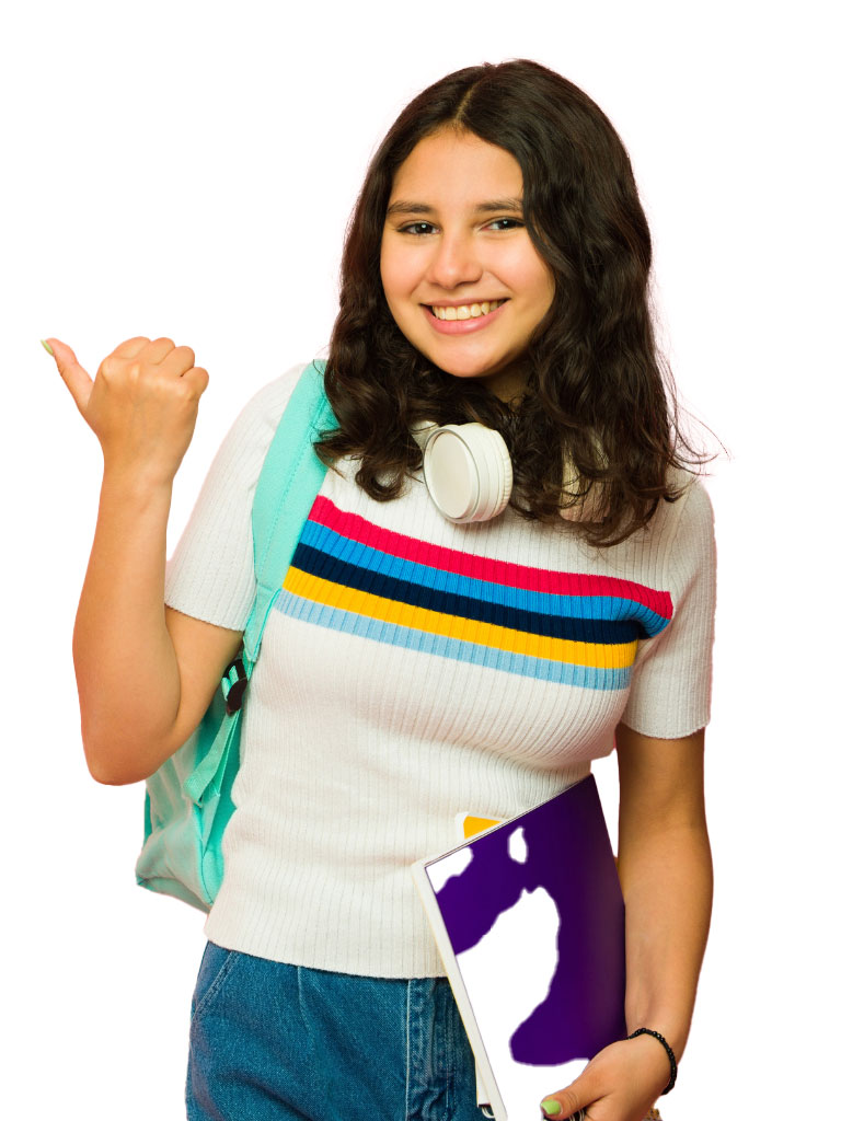 Girl with a white top with colorful stripes, a backpack, and headsets hanging around her neck, pointing right with her thumb.