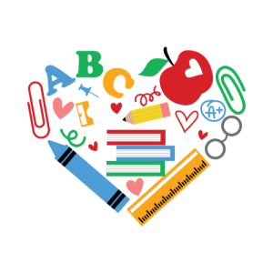 Letters, crayons, an apple, paper clips, books, and other school supplies forming a heart.