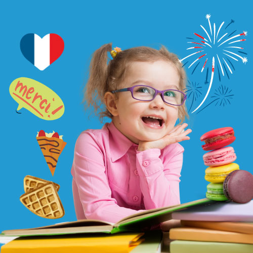 A girl imagining several French foods as she participates in private French lessons. Floating images of Macarons, crepes, waffles, a French heart and fireworks.