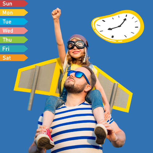 A girl on her dad's shoulders with a cardboard airplane on her back, a clock, and the days of the week on the side.